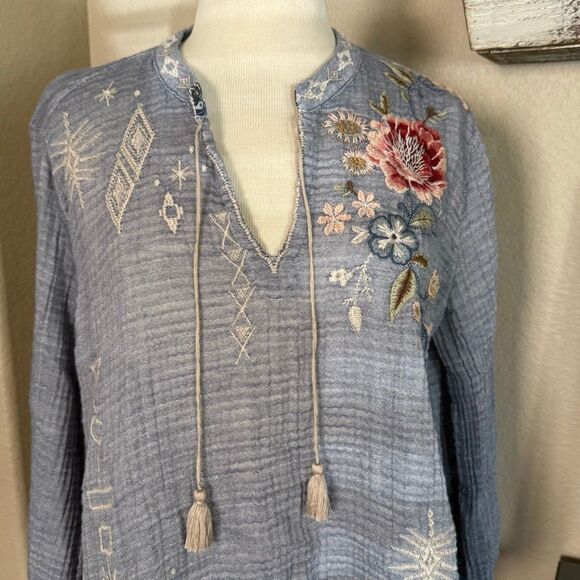 Johnny Was Womens Embroidered Umoya Effortless Scarf Back Blouse Blue Large - Picture 7 of 16